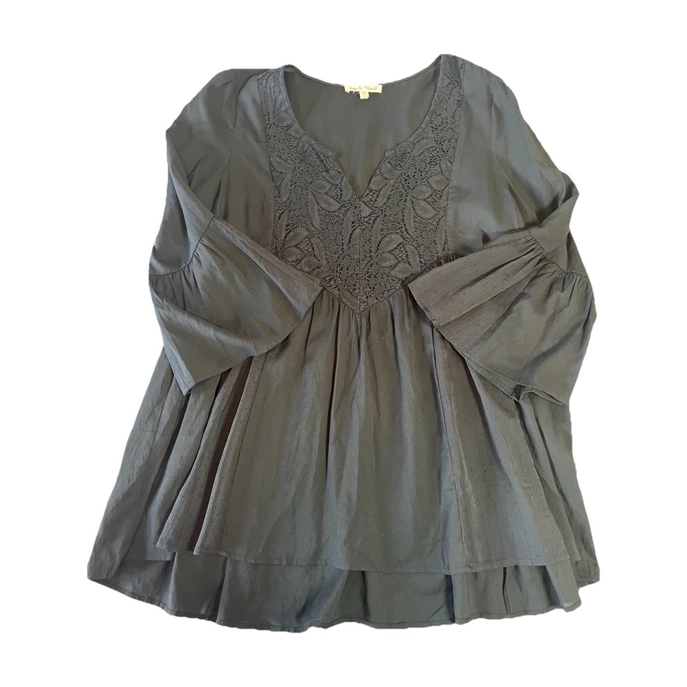 Hem & Thread Dress Sz M Peasant Tunic Embroidered Bell Sleeve Black Western